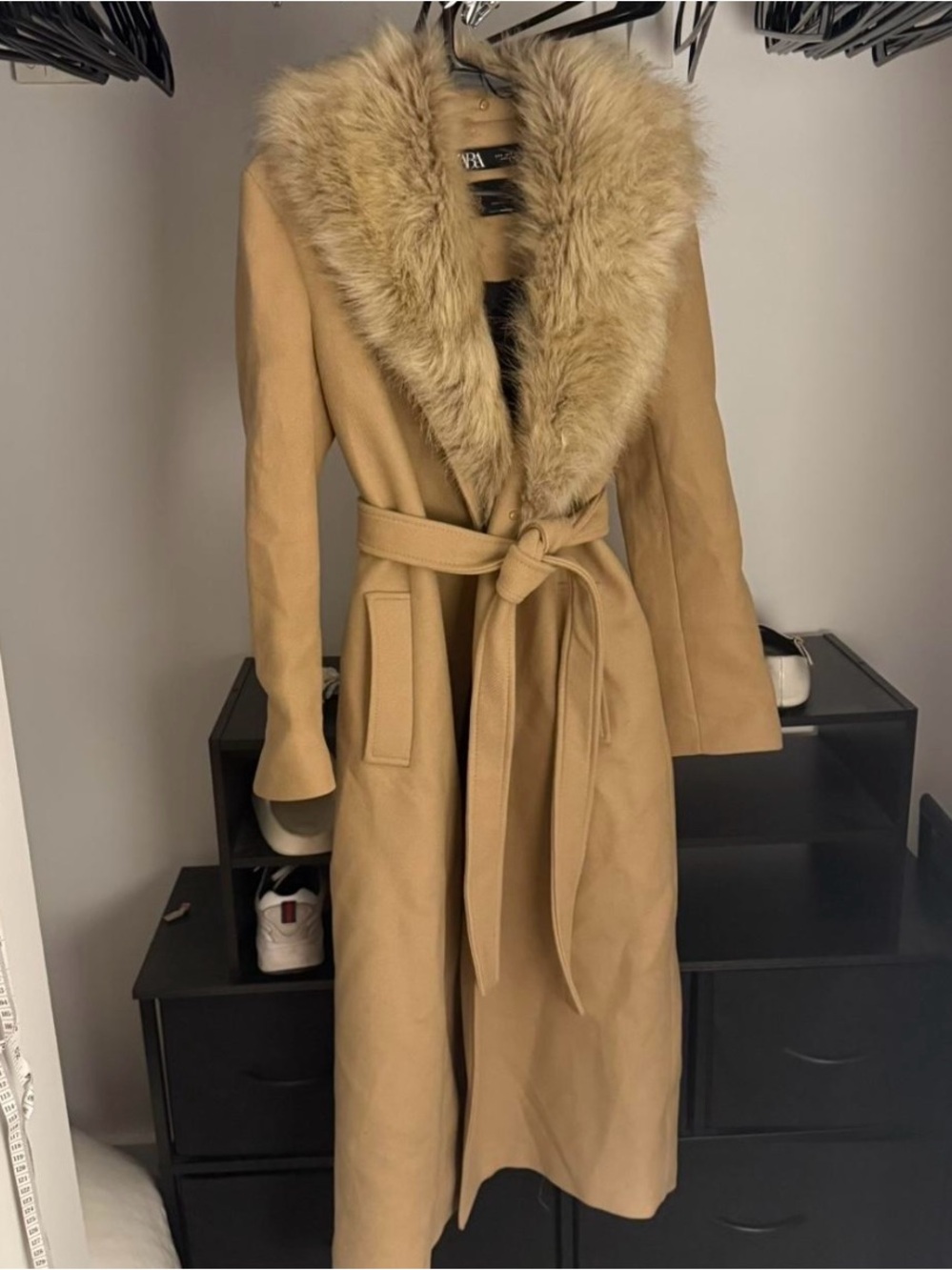 Zara Camel Trench Coat with Faux-Fur Collar